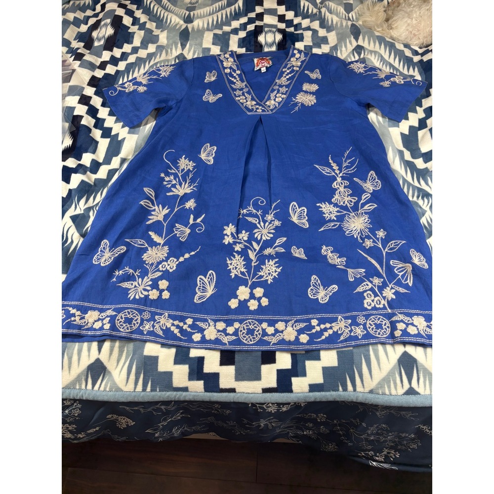 Johnny Was Blue Linen Embroidered Butterfly Floral Tunic Dress Womens Large